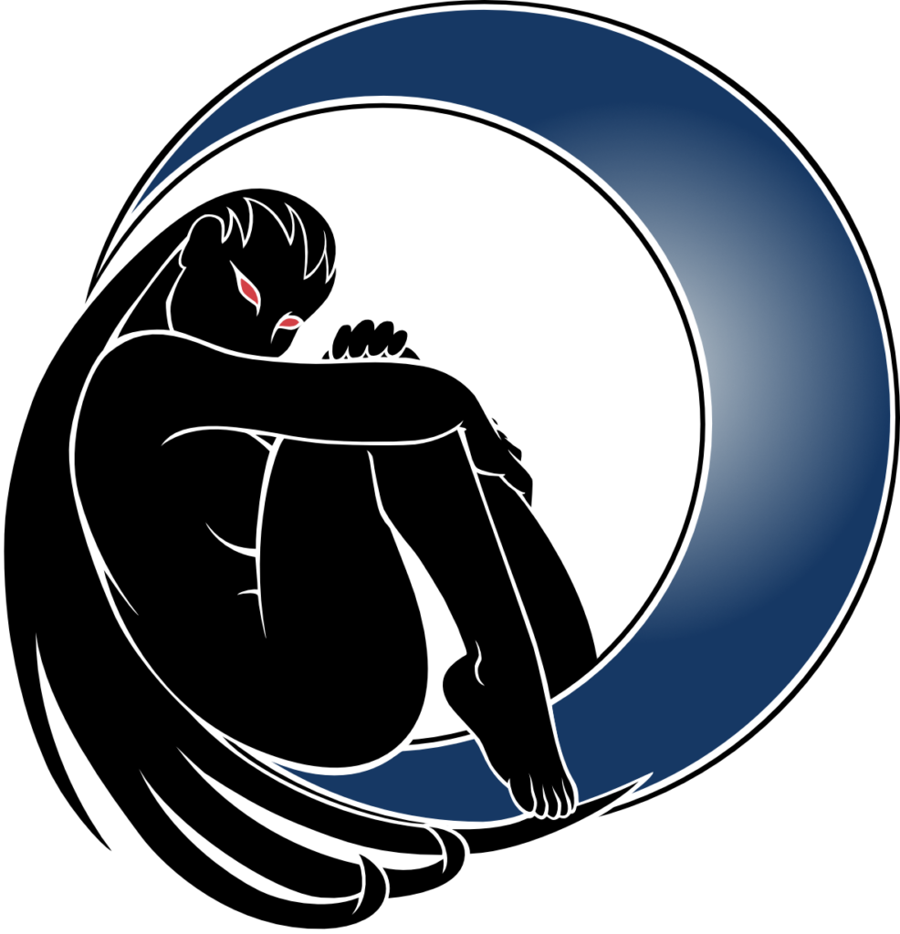 Fool's Moon Entertainment Logo, a picture of VoodooDolly holding her legs and sitting on a blue and silver crescent moon.