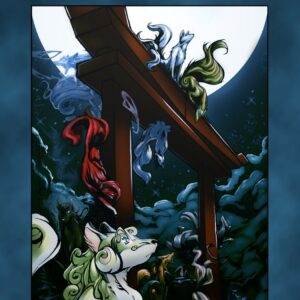 Cover image with the words Fox Magic over a Shinto torii gate on and around which several fox spirits of different colours have congregated.