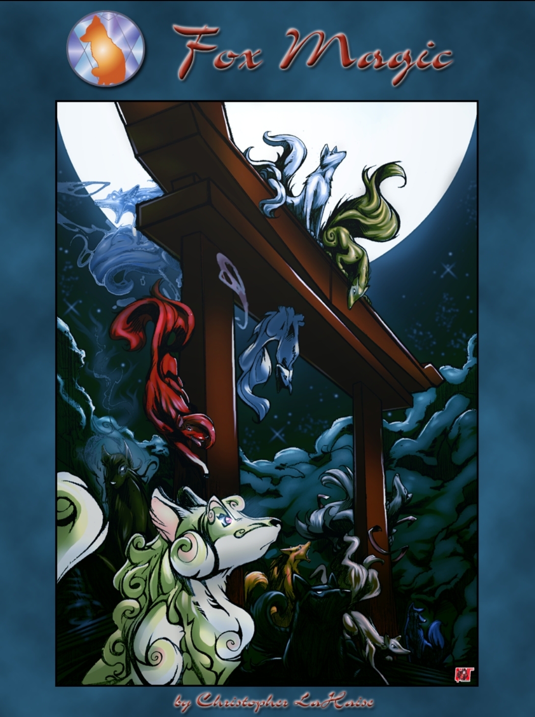 Cover image with the words Fox Magic over a Shinto torii gate on and around which several fox spirits of different colours have congregated.